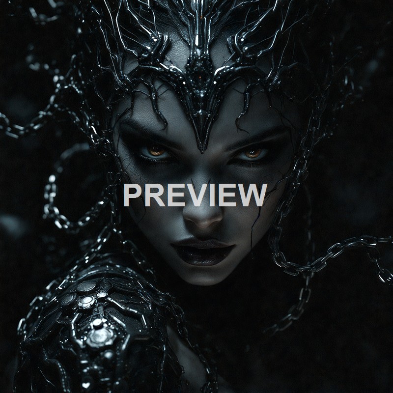 A dark, fantasy-inspired portrait of a woman with glowing amber eyes, wearing an intricate headpiece and armor made of black, metallic chains and materials, with an intense expression.